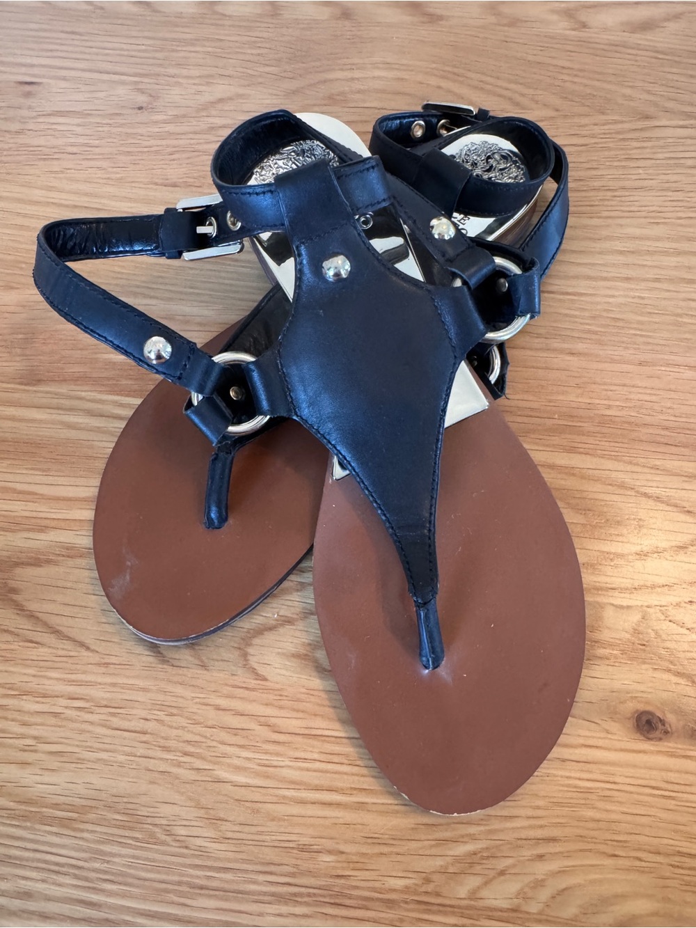 Vince Camuto Black Leather T-Strap Sandals with Brown Soles